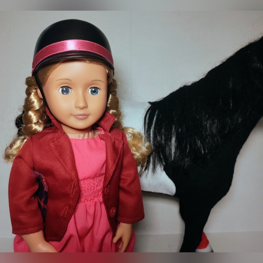 Our Generations Vinyl Doll 18 in w/20 inch x 20 inch Riding Horse & Outf…